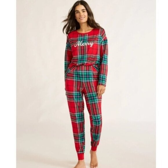 NWOT 2Pc 3X 22W-24W Women's Soft Plaid Merry Christmas Pajamas w/ Pockets - Picture 1 of 3